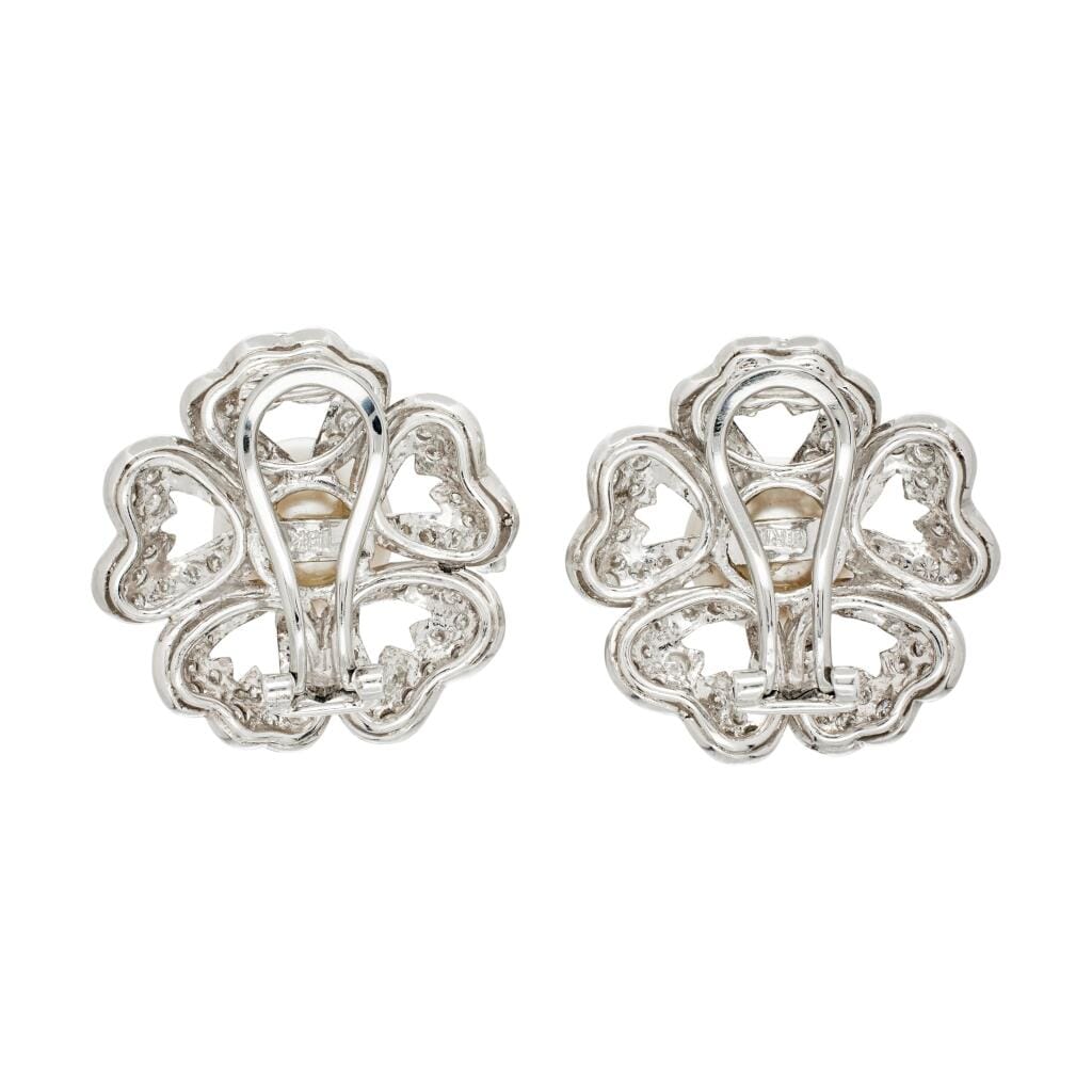 White Gold, Cultured Pearl and Diamond Floral Earclips
