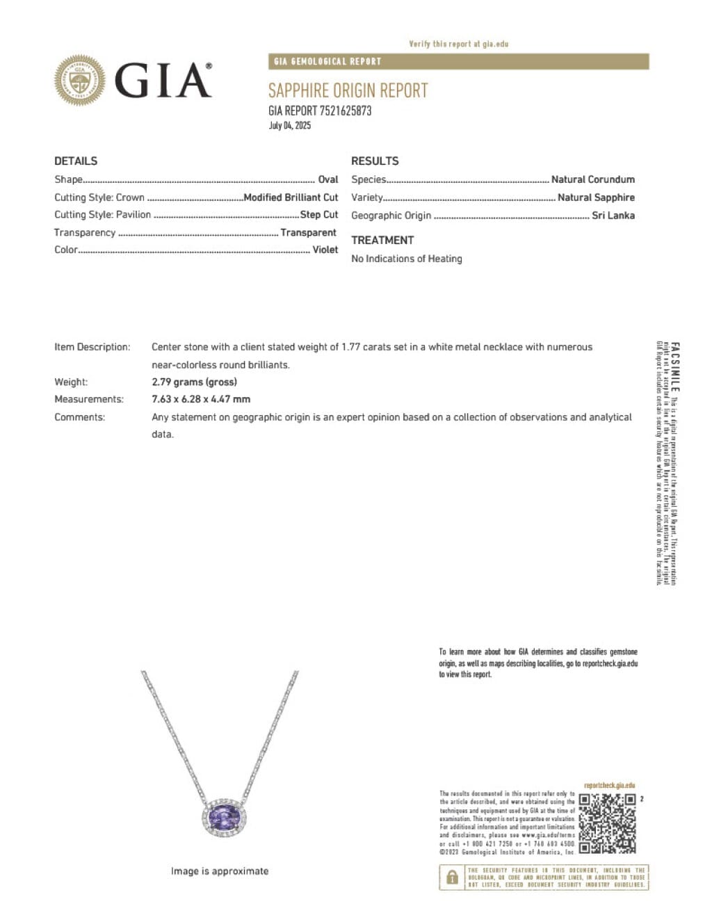 White Gold, 1.77ct Ceylon Violet Sapphire and Diamond Pendant Necklace