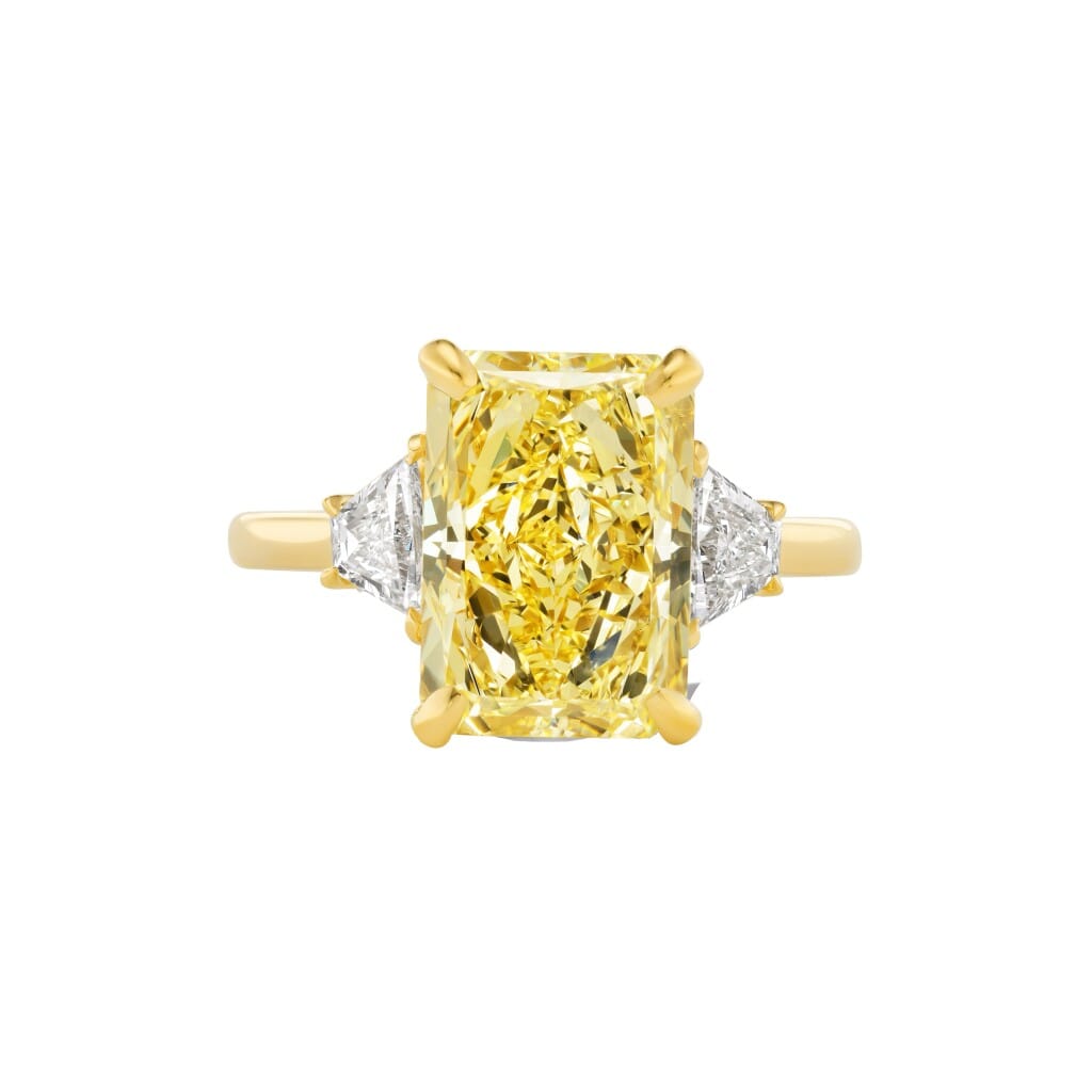Gold, 5.05ct Radiant Cut Fancy Yellow Diamond and Diamond Engagement Ring