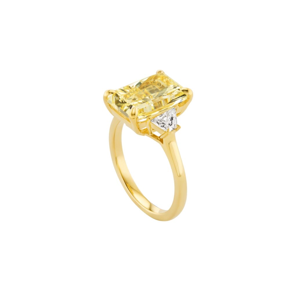 Gold, 5.05ct Radiant Cut Fancy Yellow Diamond and Diamond Engagement Ring