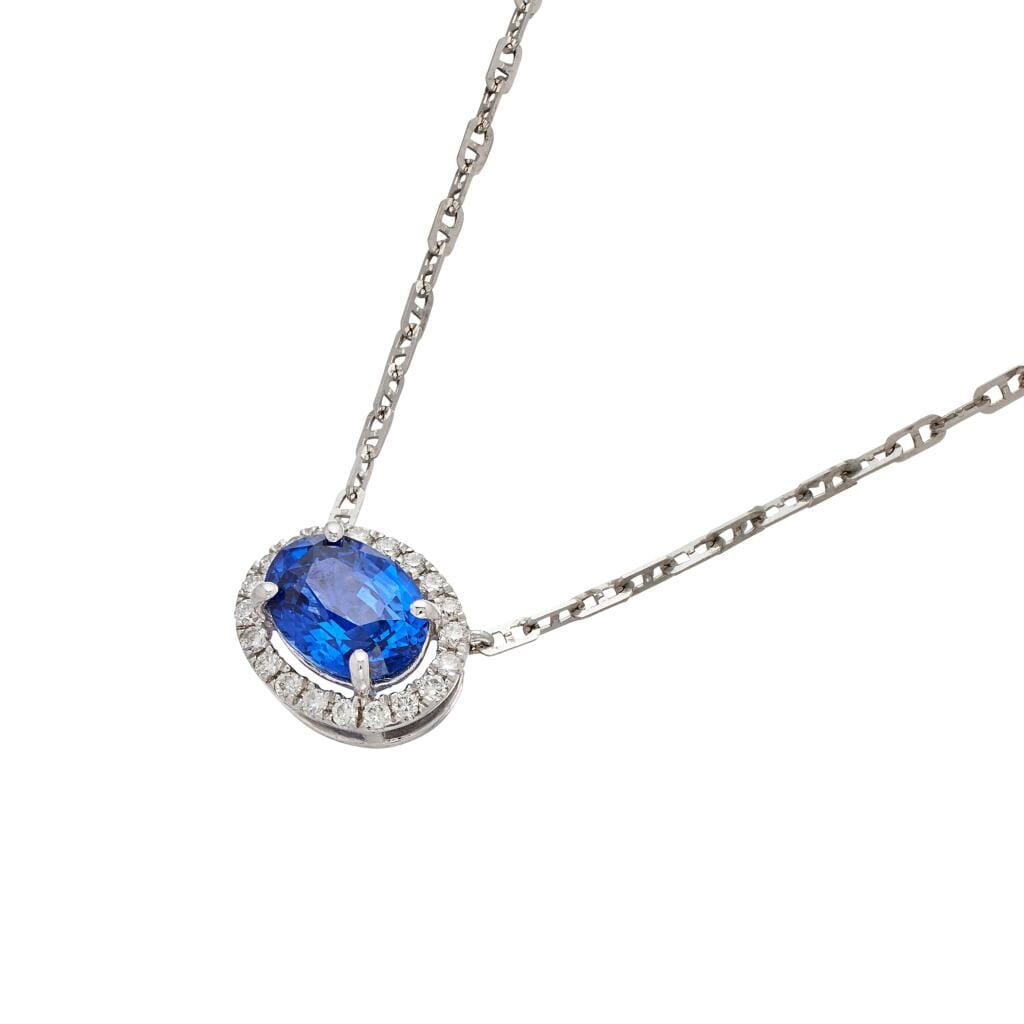 White Gold, 1.55ct Ceylon Royal Blue Sapphire and Diamond Pendant Necklace