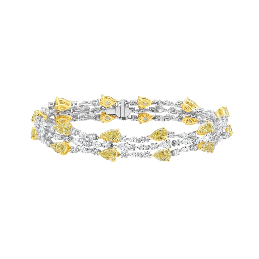 White Gold, Gold, Yellow Diamond and Diamond Three Row Bracelet