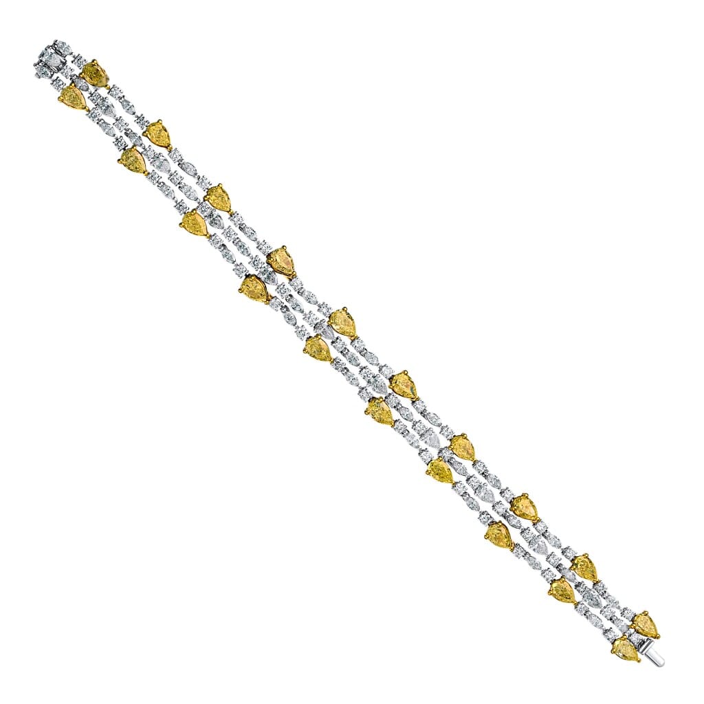 White Gold, Gold, Yellow Diamond and Diamond Three Row Bracelet
