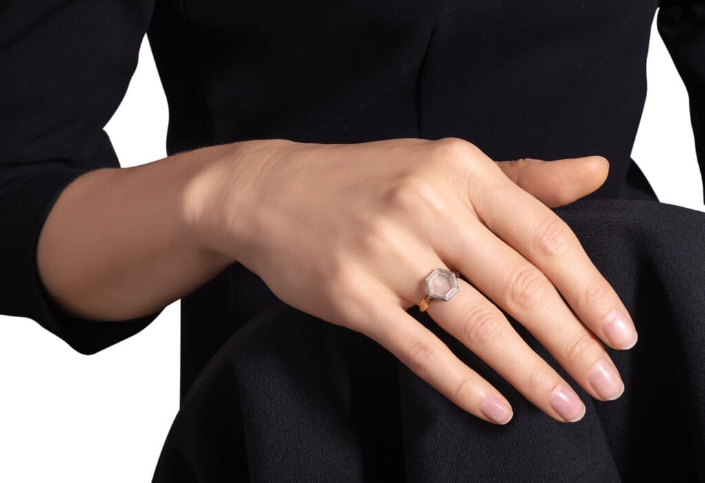 Platinum, Gold and 3.66ct Hexagonal Portrait Cut Diamond Ring