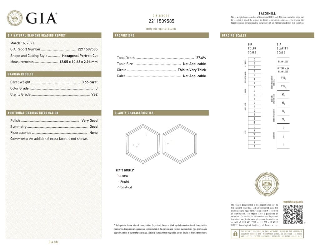 Platinum, Gold and 3.66ct Hexagonal Portrait Cut Diamond Ring
