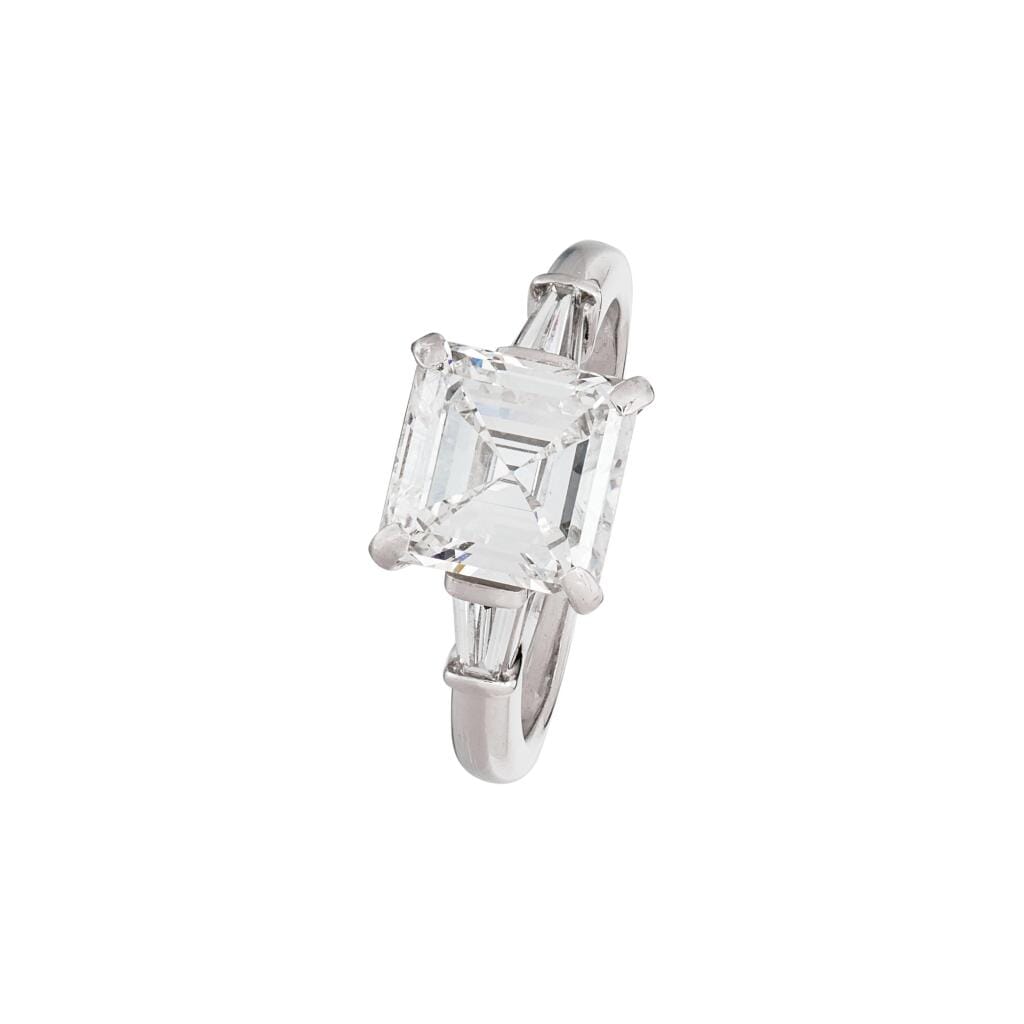 Platinum, 2.85ct Square Emerald Cut Diamond and Diamond Engagement Ring