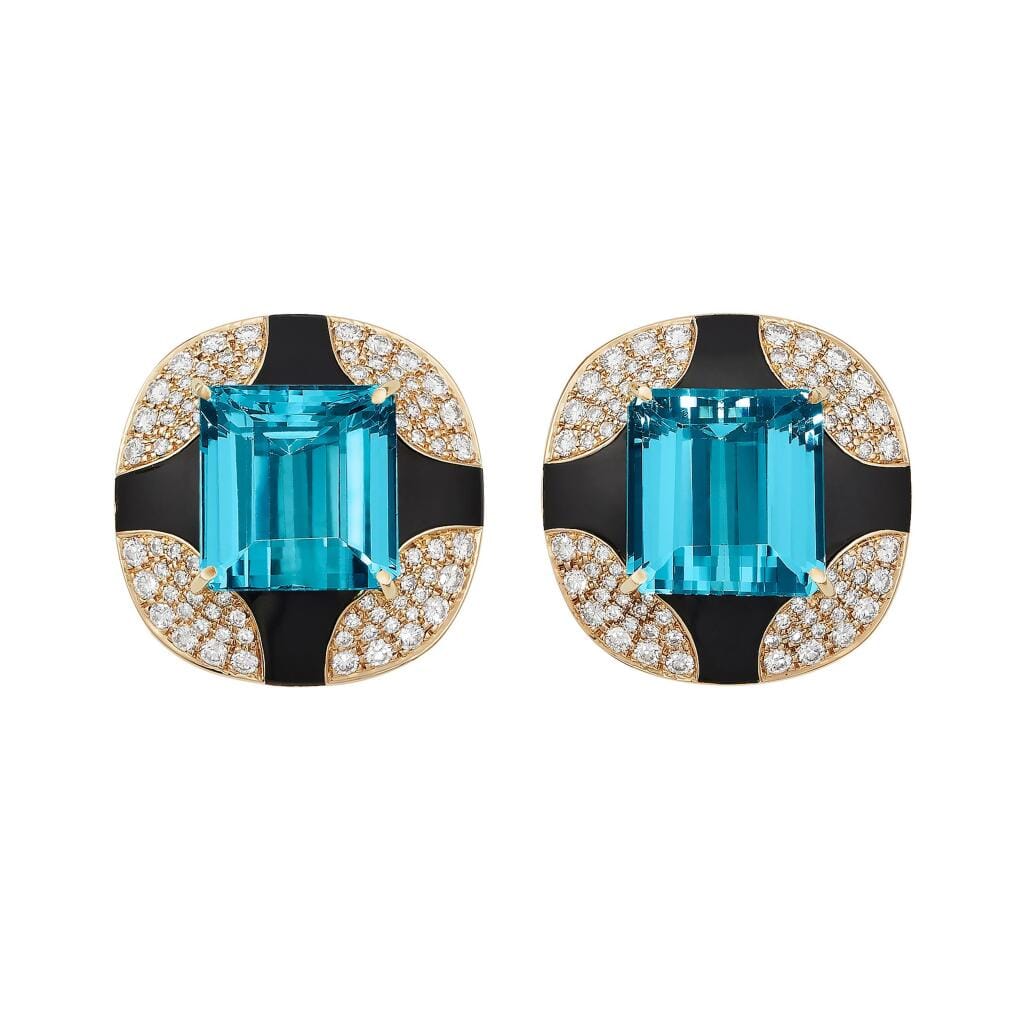 Vintage Gold, Aquamarine, Onyx and Diamond Earclips