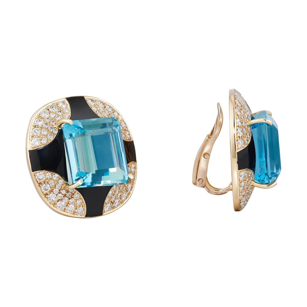 Vintage Gold, Aquamarine, Onyx and Diamond Earclips