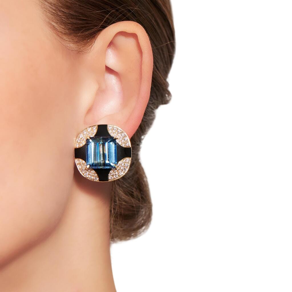Vintage Gold, Aquamarine, Onyx and Diamond Earclips