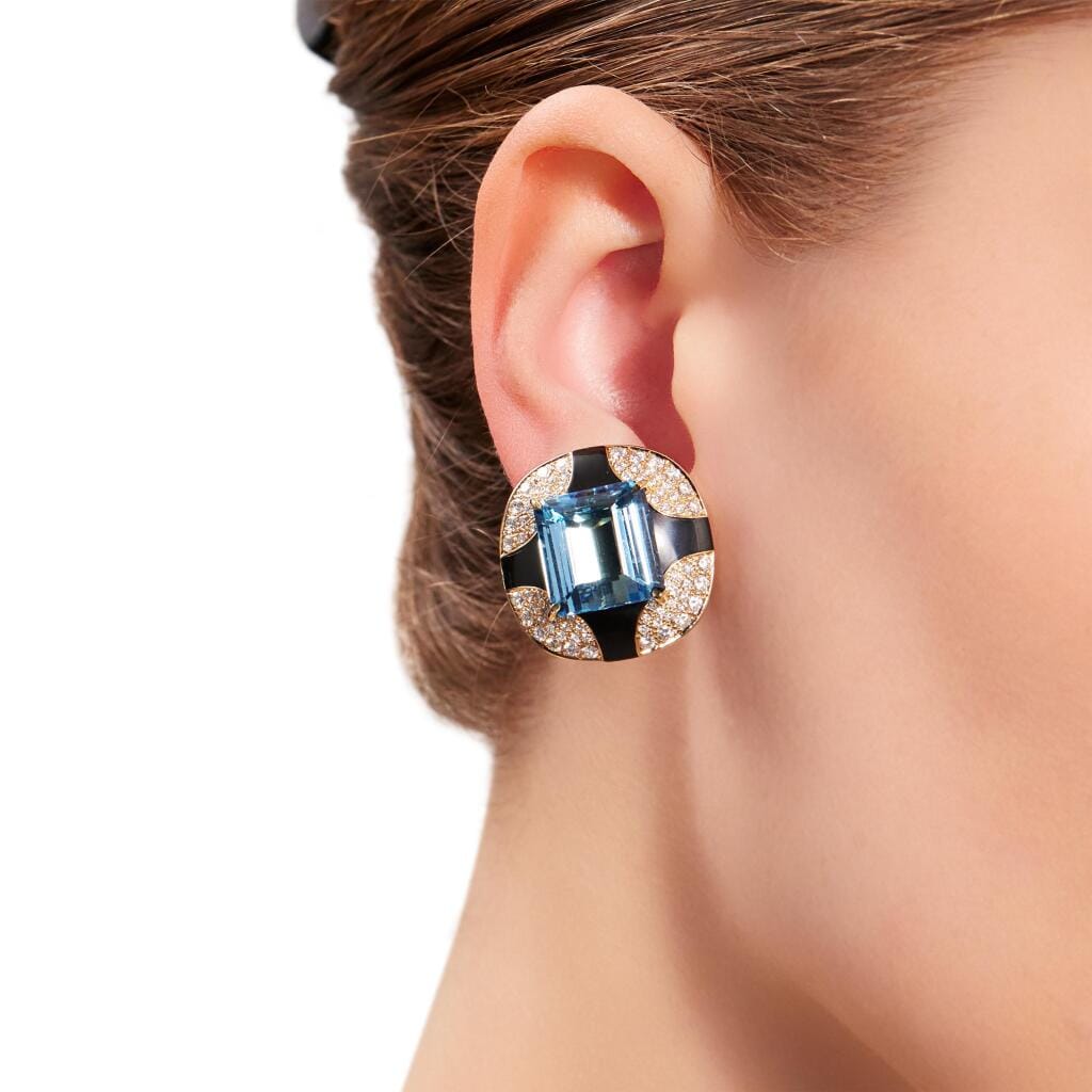 Vintage Gold, Aquamarine, Onyx and Diamond Earclips