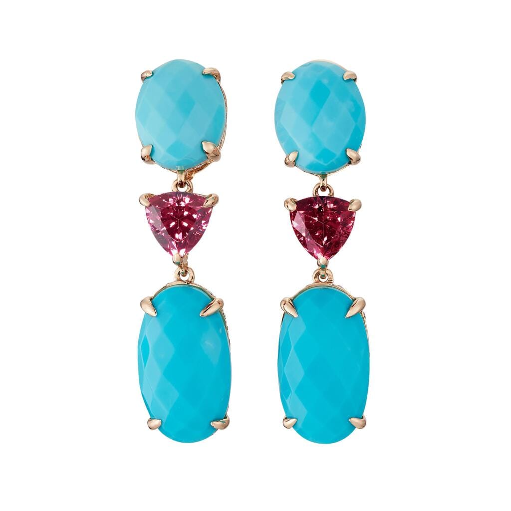 Gold, Turquoise, Garnet and Diamond Drop Earrings