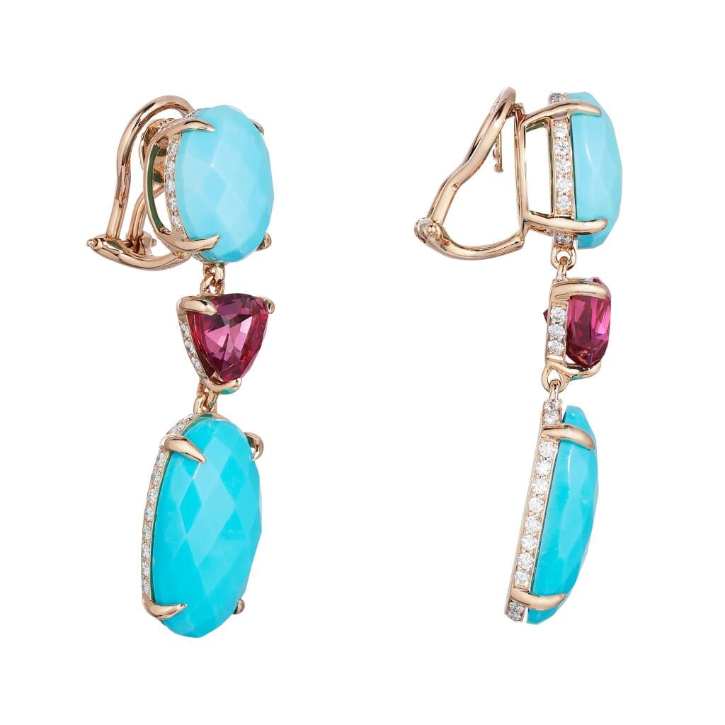 Gold, Turquoise, Garnet and Diamond Drop Earrings