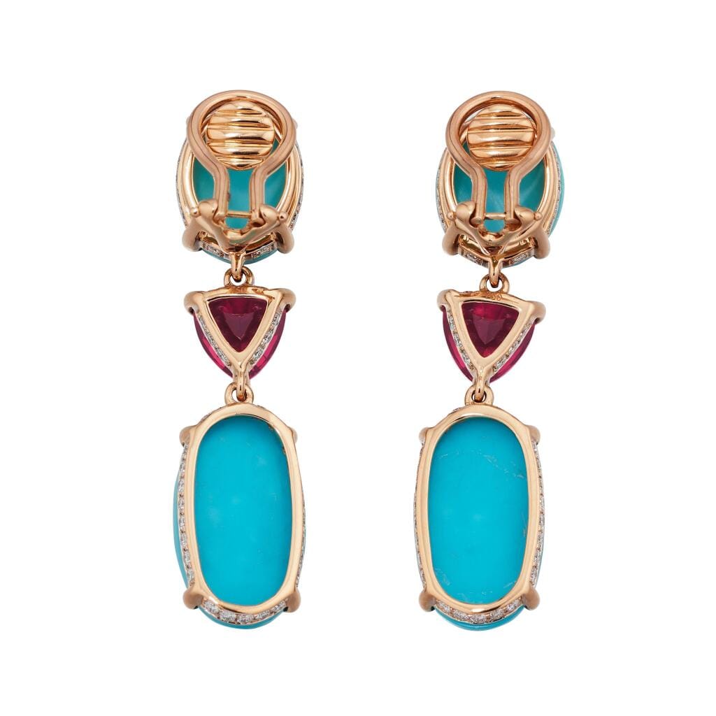 Gold, Turquoise, Garnet and Diamond Drop Earrings