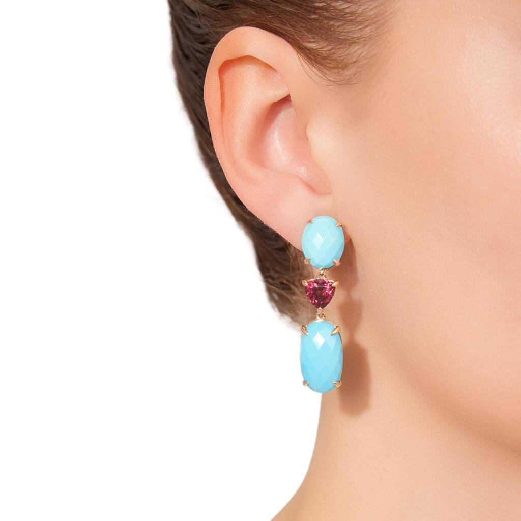 Gold, Turquoise, Garnet and Diamond Drop Earrings