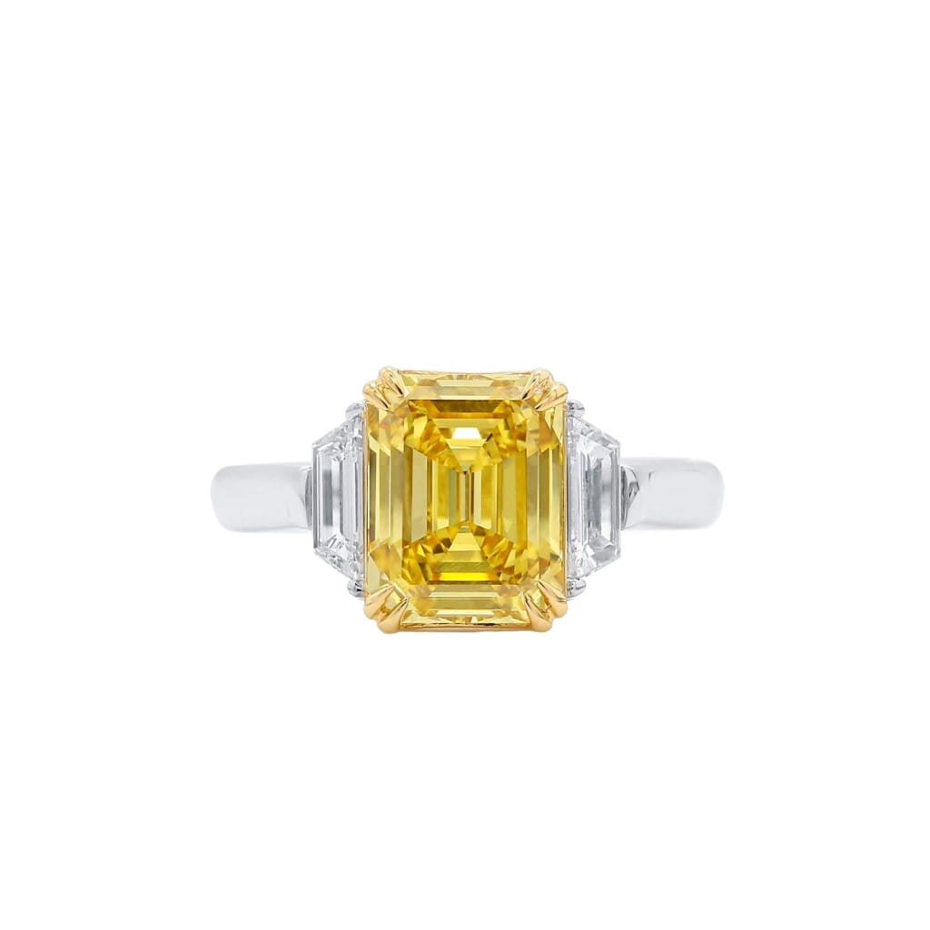 White Gold, Gold, 3.08ct Emerald Cut Fancy Vivid Yellow Diamond and Diamond Engagement Ring