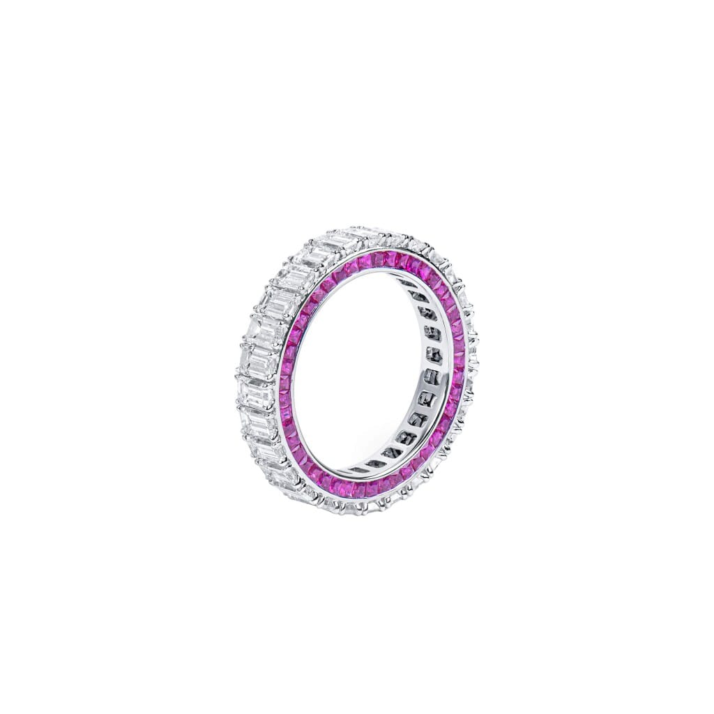 White Gold, 3.75ctw Emerald Cut Diamond and Ruby Eternity Band Ring