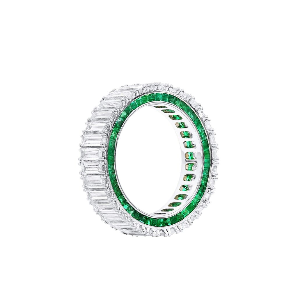 White Gold, 4.85ctw Baguette Cut Diamond and Emerald Eternity Band Ring