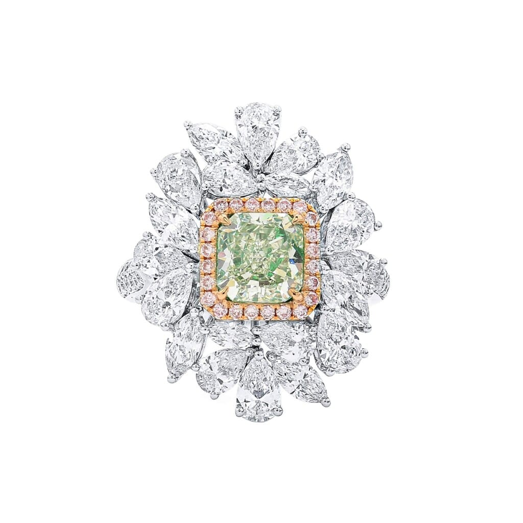 White Gold, 1.51ct Radiant Cut Fancy Yellow-Green Diamond, Pink Diamond and Diamond Ring