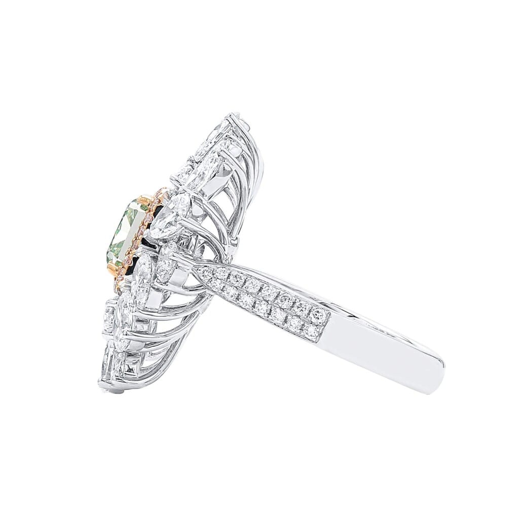 White Gold, 1.51ct Radiant Cut Fancy Yellow-Green Diamond, Pink Diamond and Diamond Ring