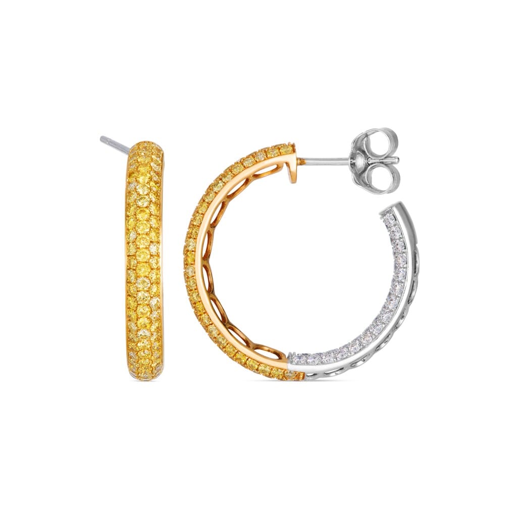 White Gold, Gold, Yellow Diamond and Diamond Hoop Earrings