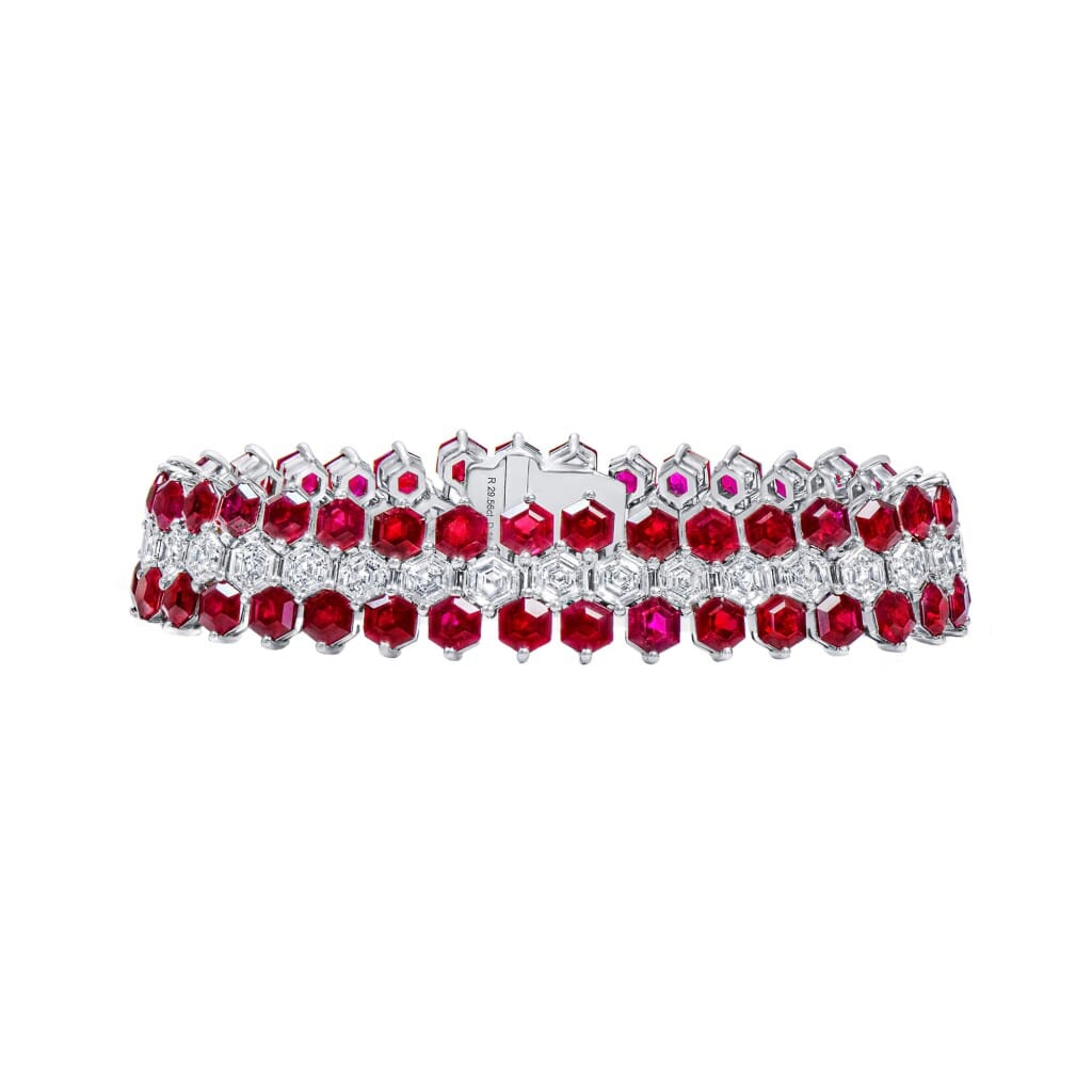 White Gold, Ruby and Diamond Three Row Bracelet