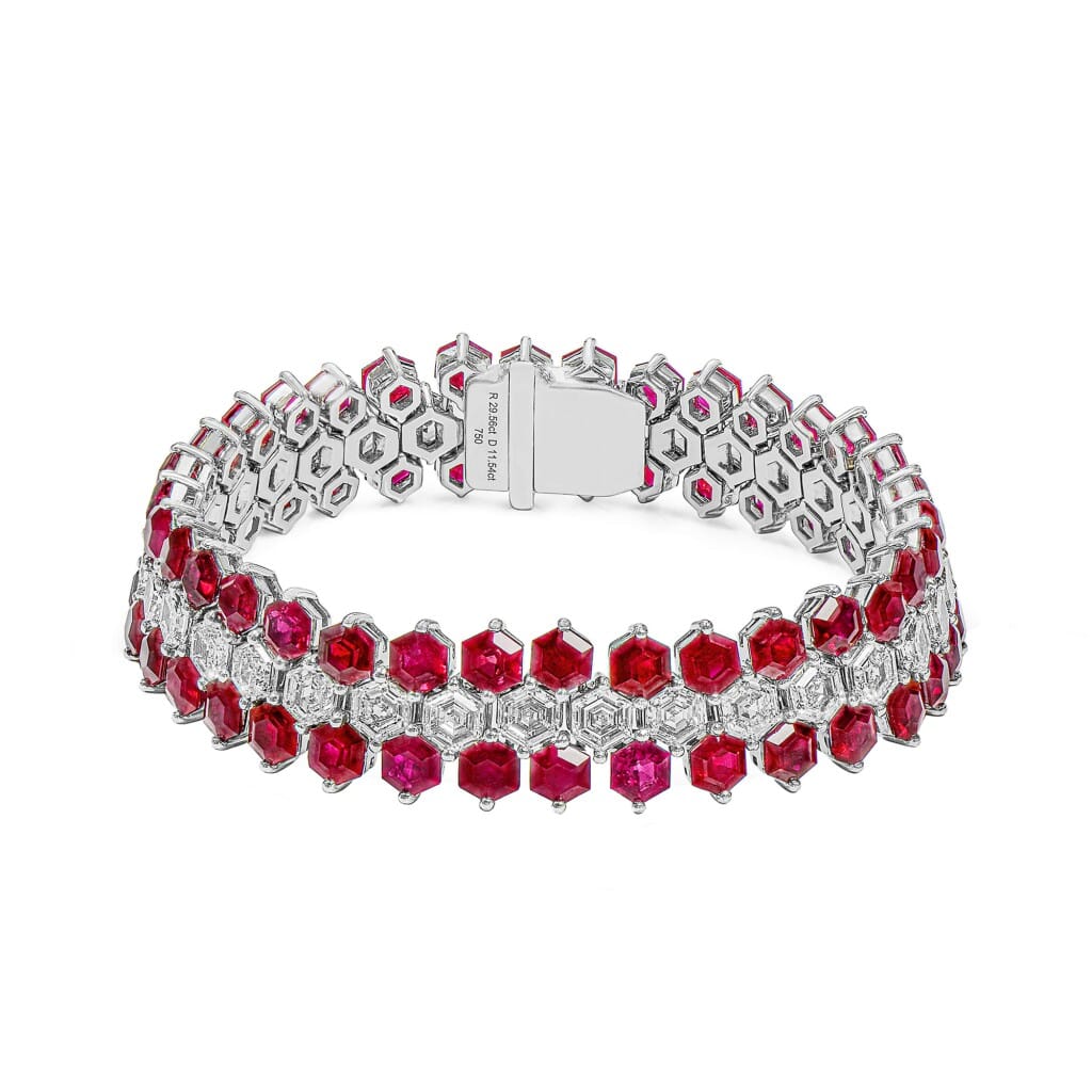 White Gold, Ruby and Diamond Three Row Bracelet