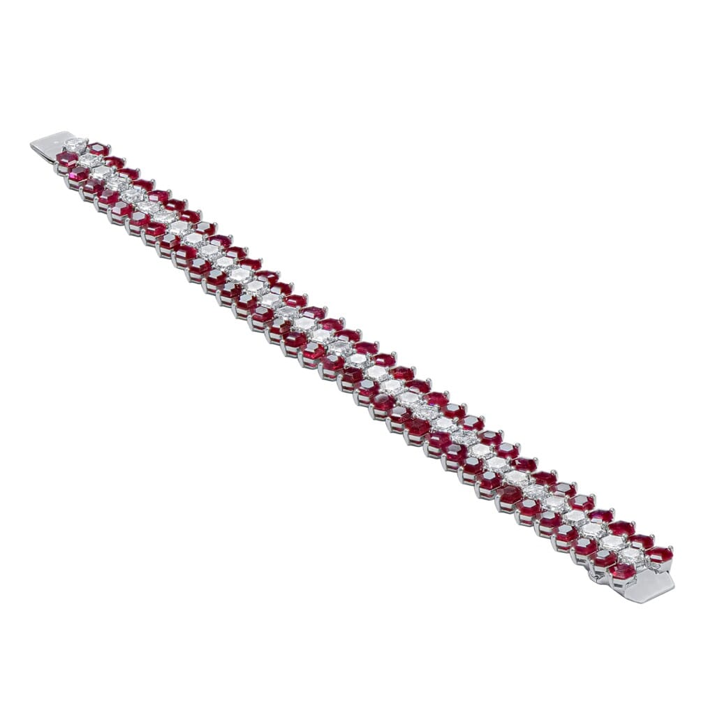 White Gold, Ruby and Diamond Three Row Bracelet