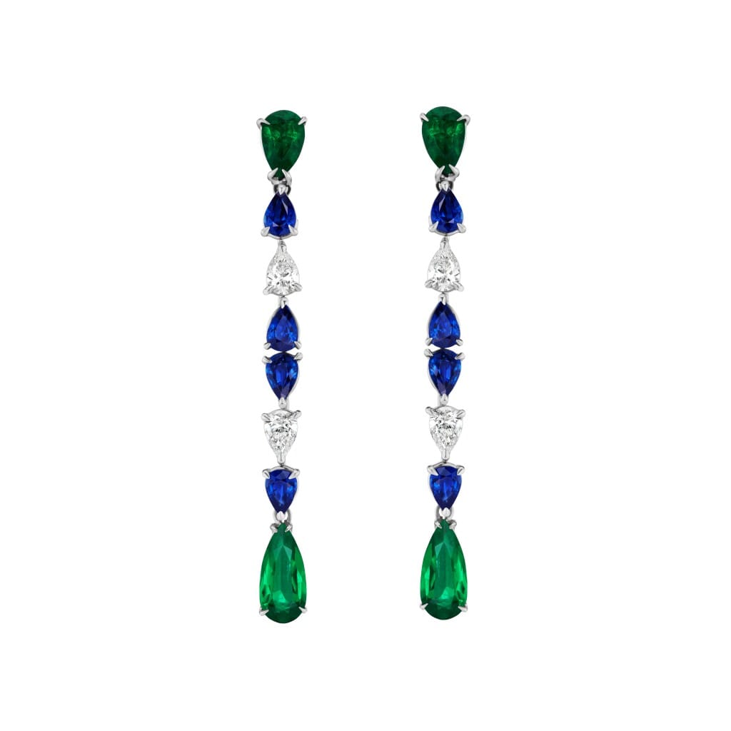 White Gold, Colombian Emerald, Sapphire and Diamond Drop Earrings