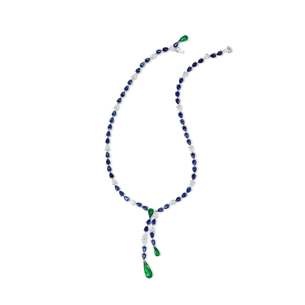 White Gold, Colombian Emerald, Sapphire and Diamond Lariat Necklace