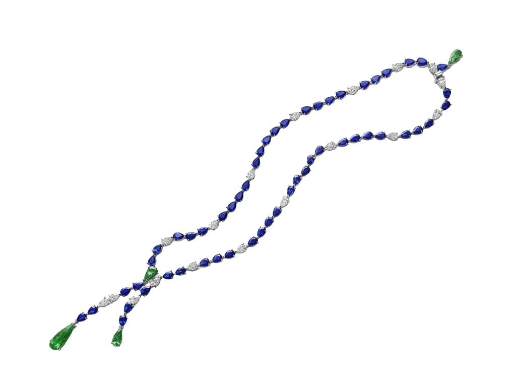 White Gold, Colombian Emerald, Sapphire and Diamond Lariat Necklace