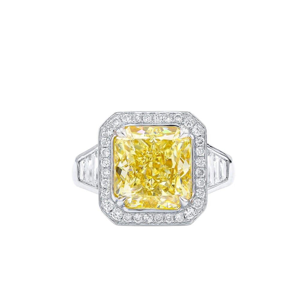 White Gold, 5.03ct Radiant Cut Fancy Light Yellow Diamond and Diamond Engagement Ring