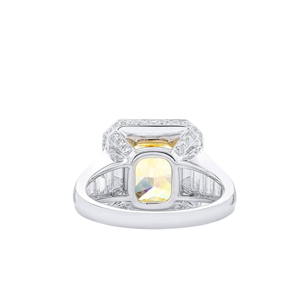 White Gold, 5.03ct Radiant Cut Fancy Light Yellow Diamond and Diamond Engagement Ring