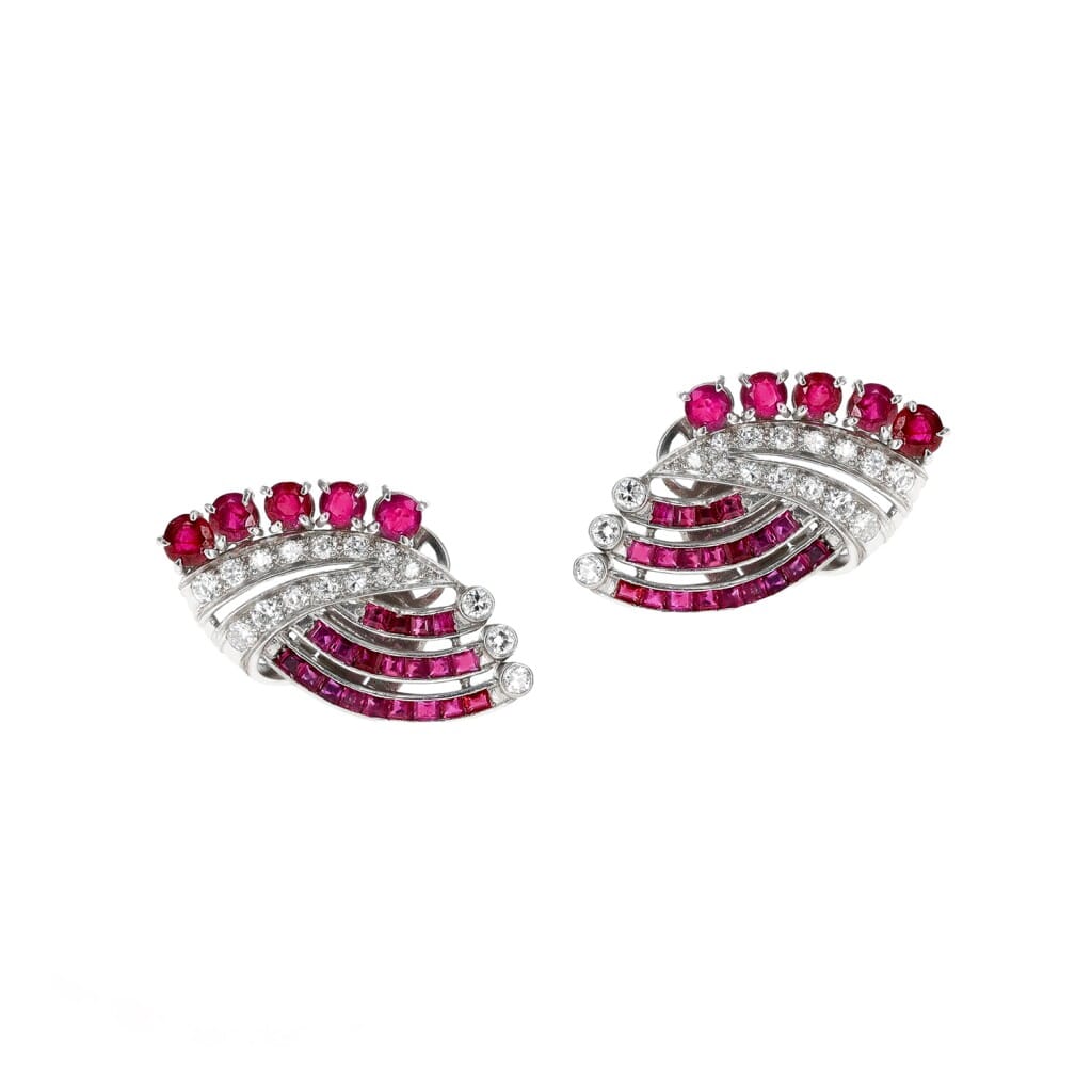 Art Deco Platinum, Ruby and Diamond Earclips