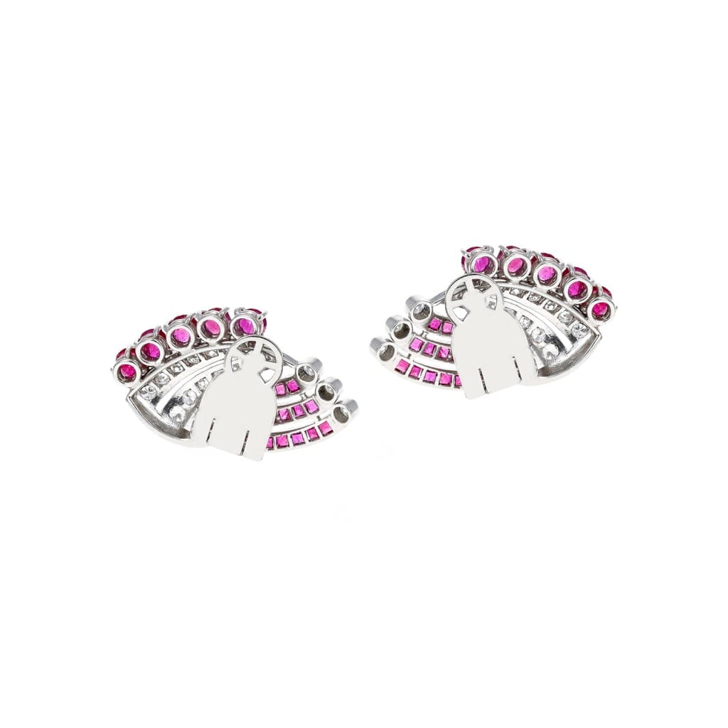 Art Deco Platinum, Ruby and Diamond Earclips