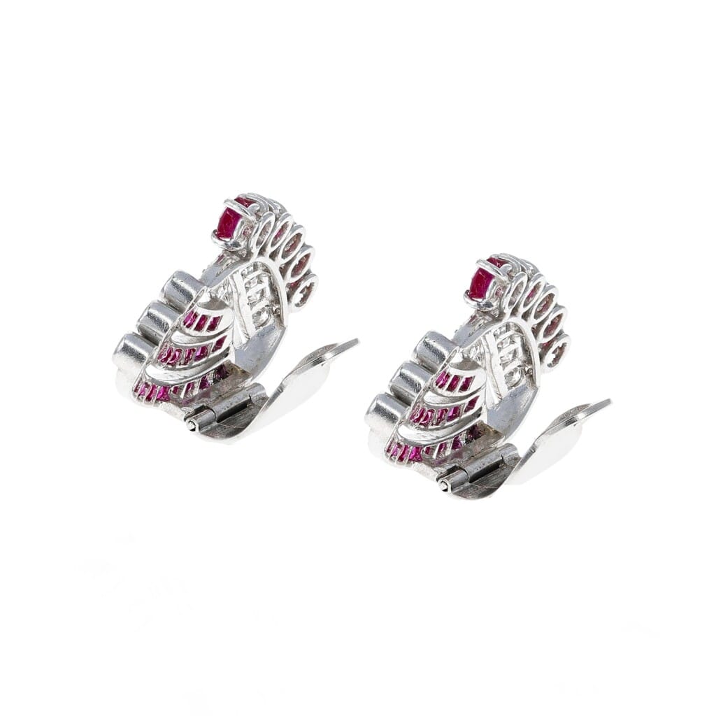 Art Deco Platinum, Ruby and Diamond Earclips