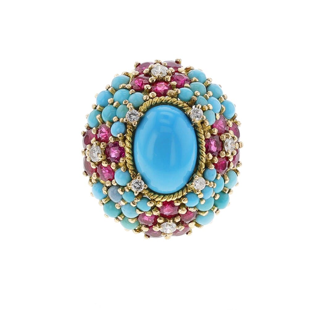 Gold, Turquoise, Ruby and Diamond Cocktail Ring