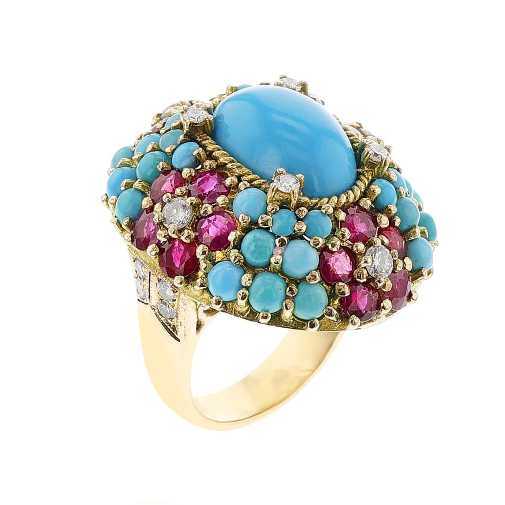 Gold, Turquoise, Ruby and Diamond Cocktail Ring