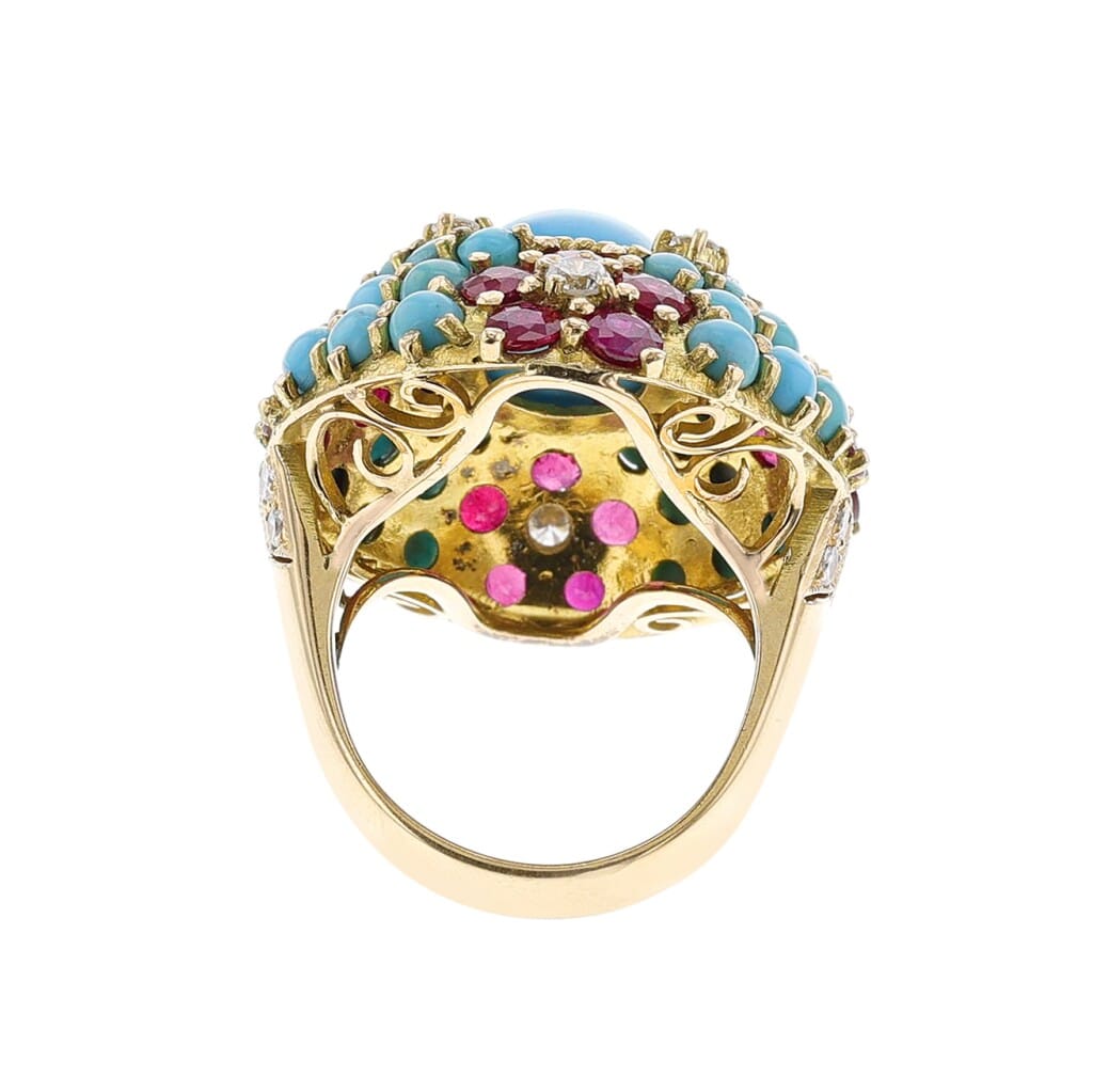 Gold, Turquoise, Ruby and Diamond Cocktail Ring