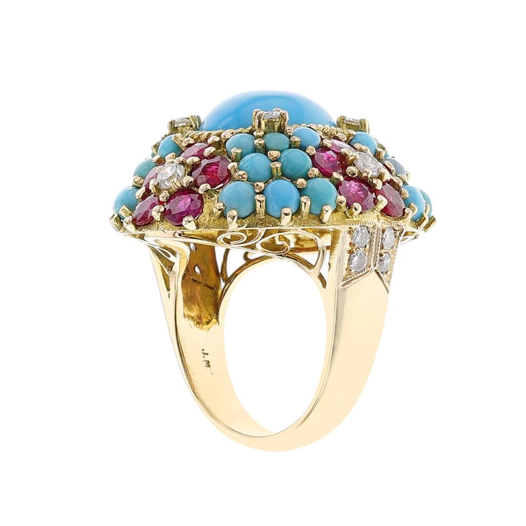 Gold, Turquoise, Ruby and Diamond Cocktail Ring