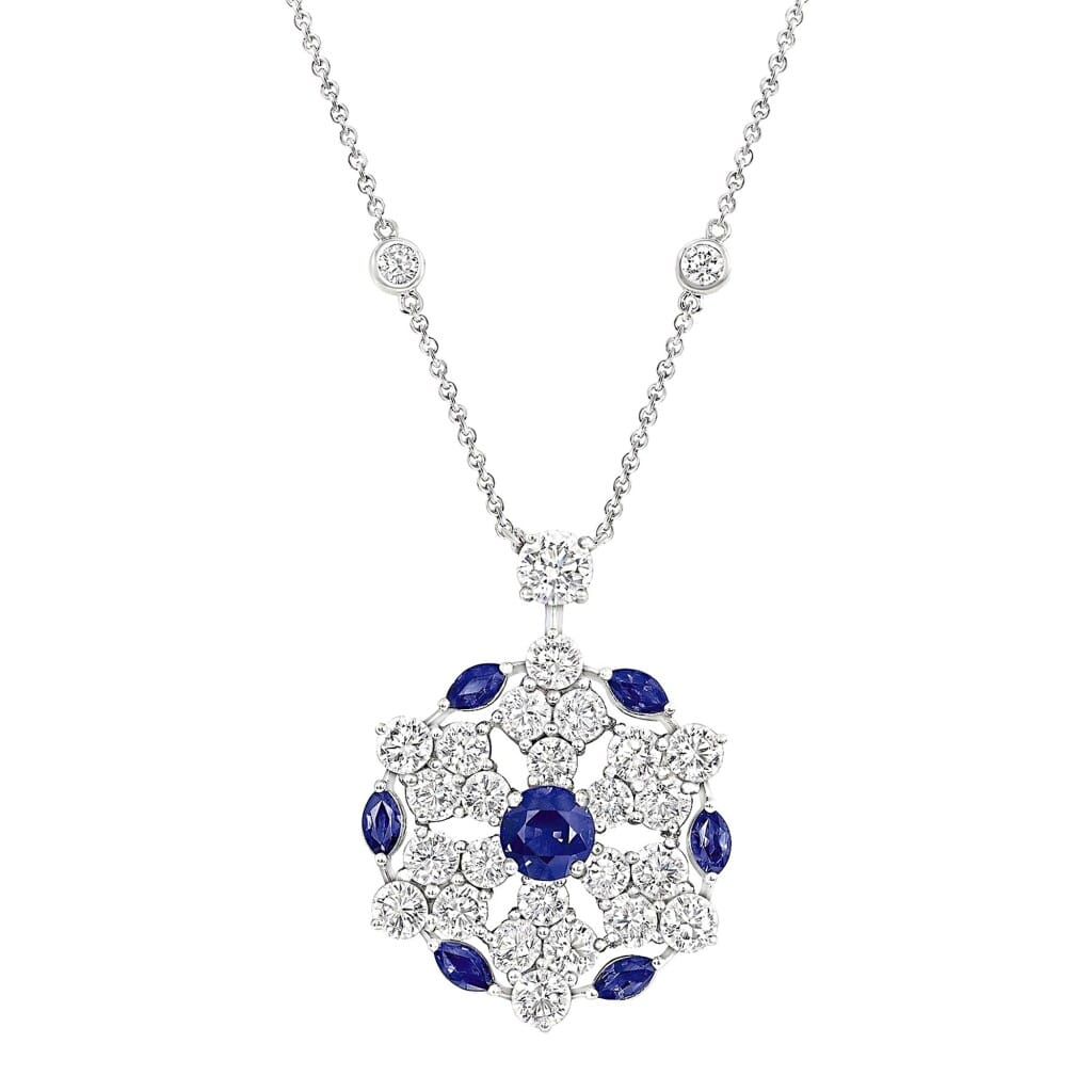 White Gold, Sapphire and Diamond Snowflake Necklace