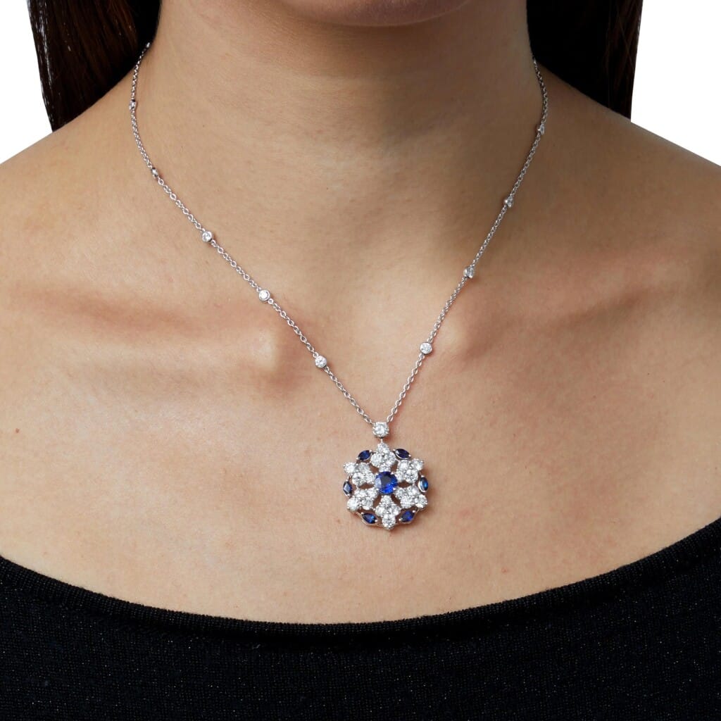 White Gold, Sapphire and Diamond Snowflake Necklace