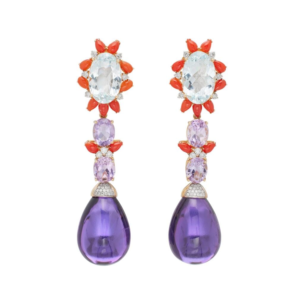 Gold, Aquamarine, Amethyst, Coral and Diamond Drop Earclips