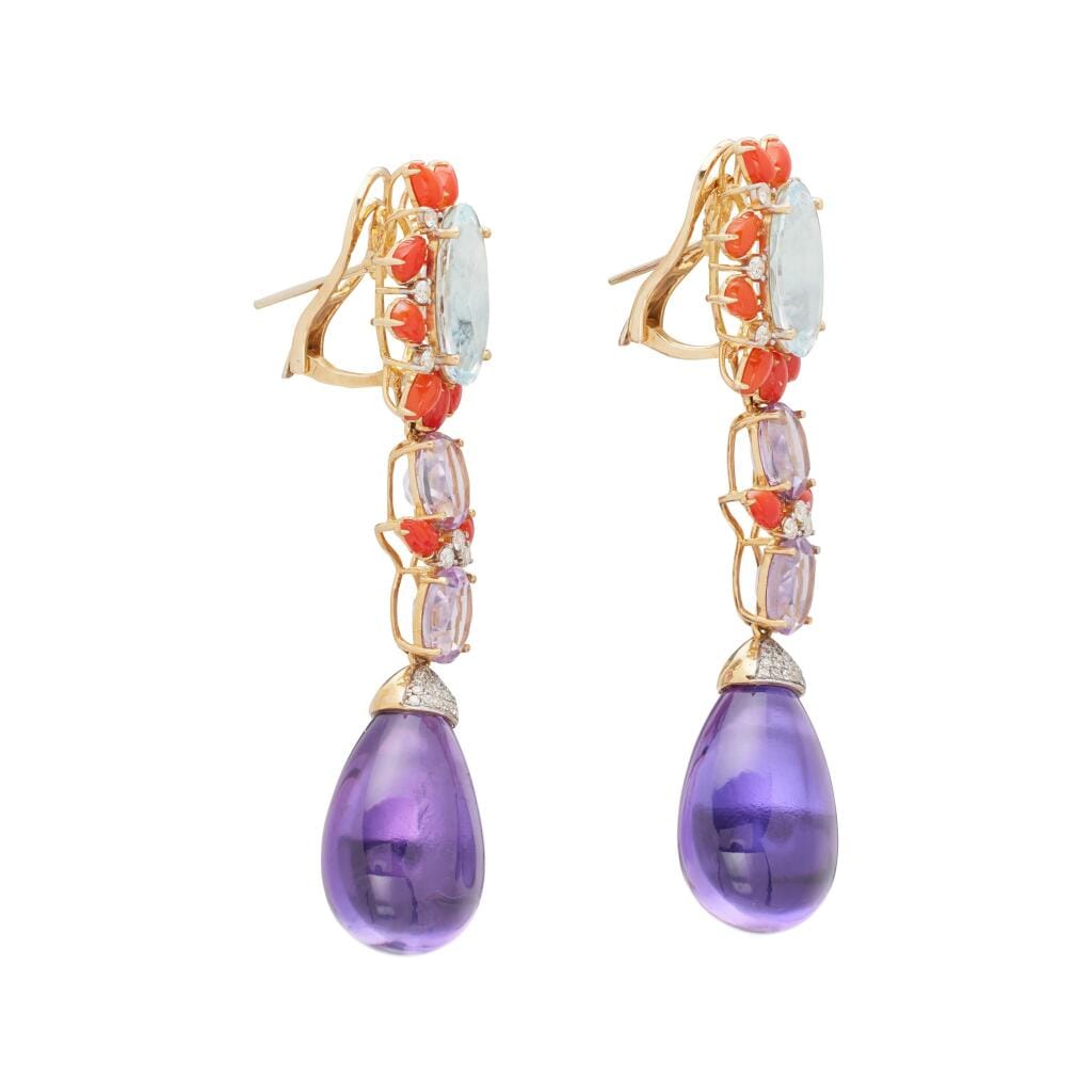 Gold, Aquamarine, Amethyst, Coral and Diamond Drop Earclips