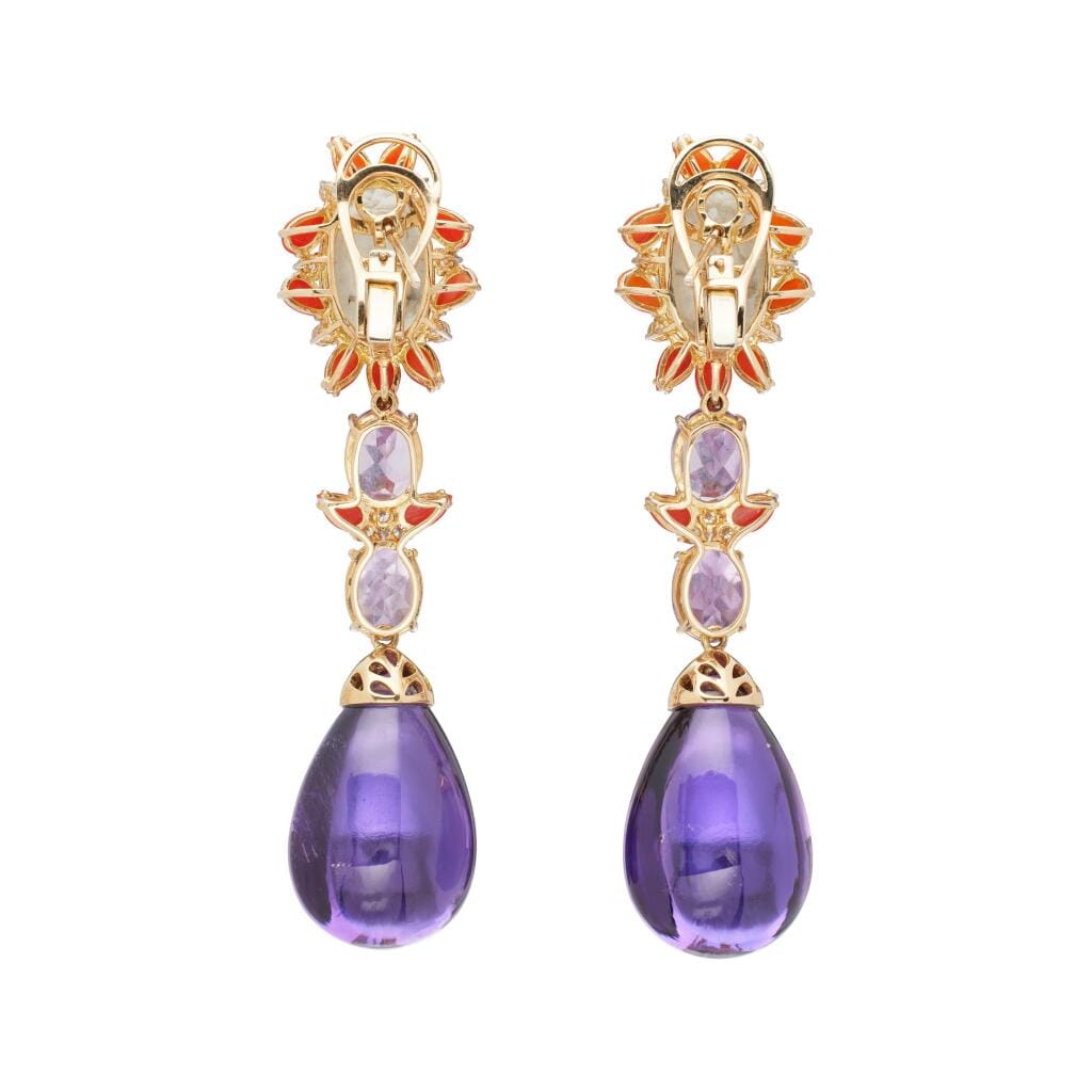Gold, Aquamarine, Amethyst, Coral and Diamond Drop Earclips
