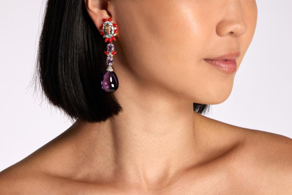 Gold, Aquamarine, Amethyst, Coral and Diamond Drop Earclips