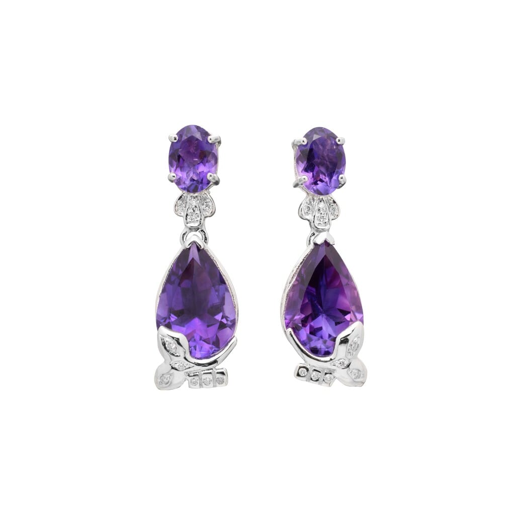 White Gold, Amethyst and Diamond Drop Earrings