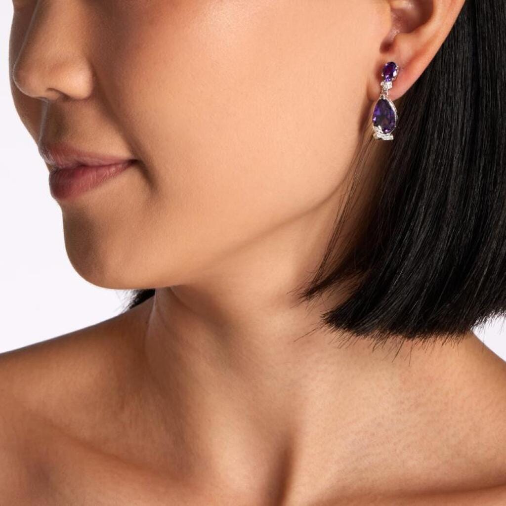 White Gold, Amethyst and Diamond Drop Earrings