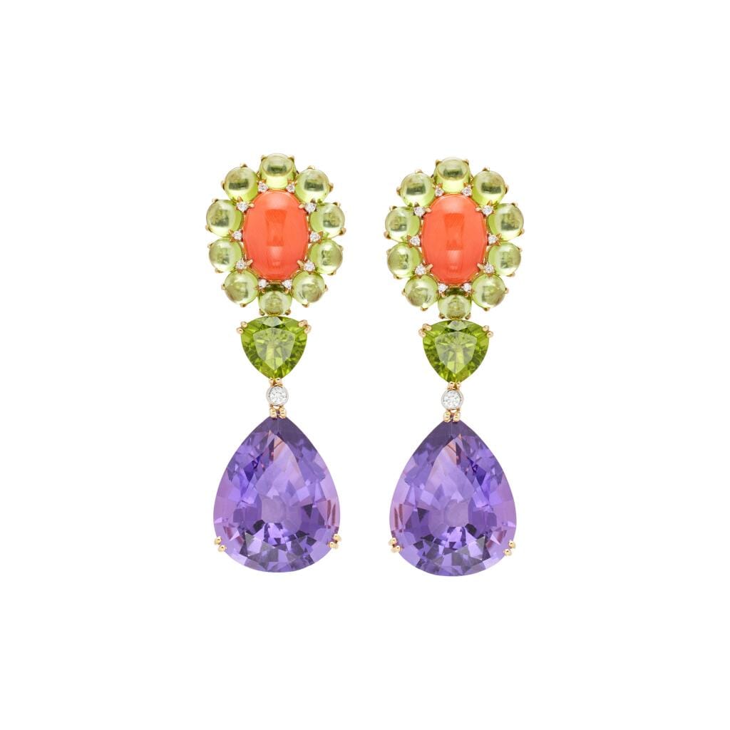 Gold, Amethyst, Peridot, Coral and Diamond Drop Earclips
