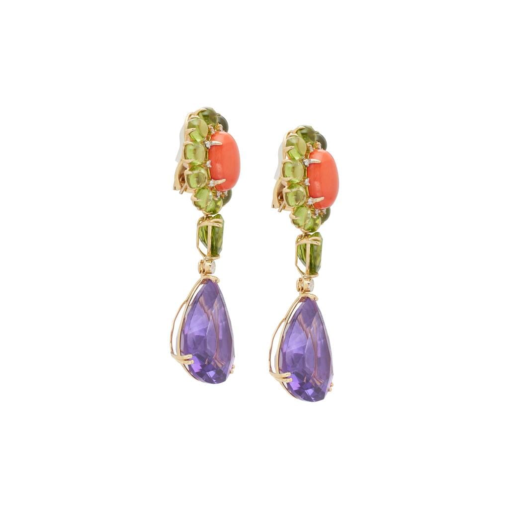 Gold, Amethyst, Peridot, Coral and Diamond Drop Earclips