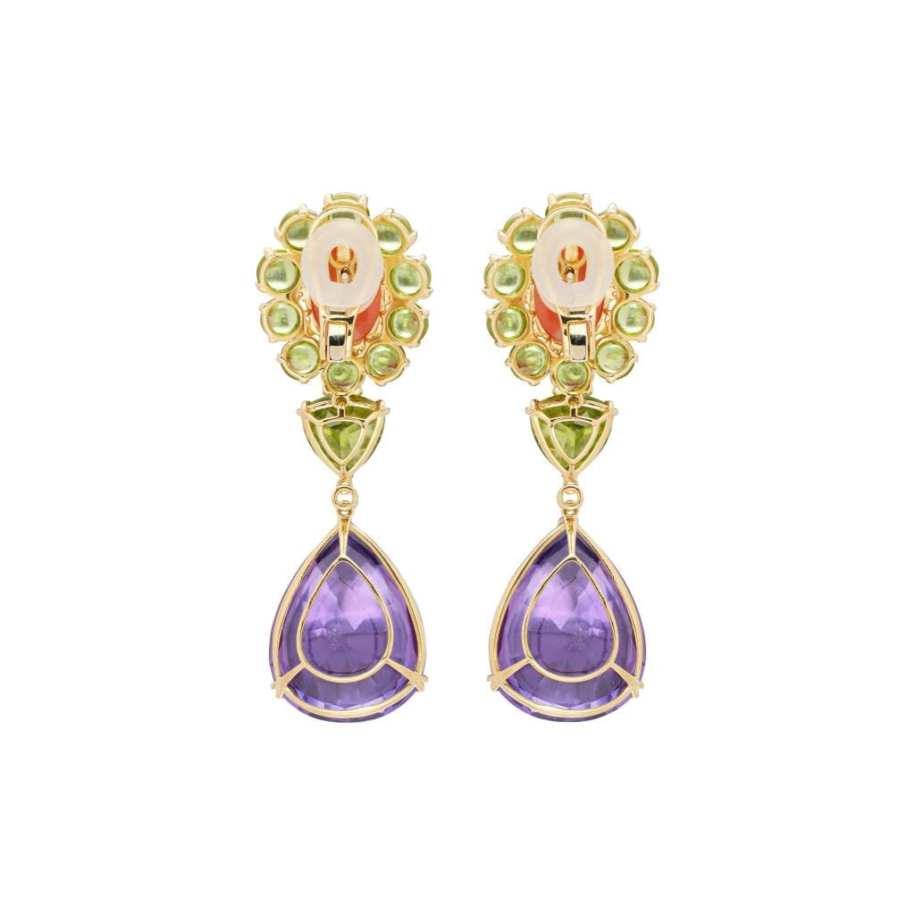 Gold, Amethyst, Peridot, Coral and Diamond Drop Earclips